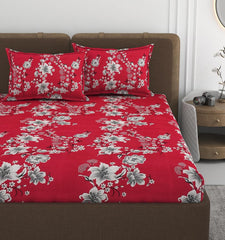 Double Bedsheet With 2 Pillow Covers Size 72 X 72 X 10 Inches, Red | Cotton Feel All Around Elastic Fitted - Queen Size Bedsheets, Super Soft