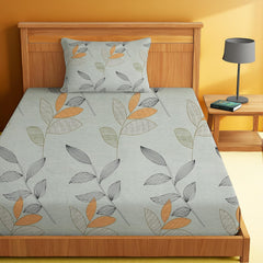 Printed Bedsheet For Single Bed With 1 Pillow Cover - 60 X 90 Inches, Grey & Green | Super Soft - Glace Cotton Breathable & Wrinkle Free - 2 Pcs Set