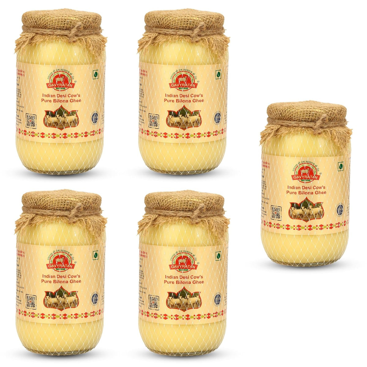 Pure Shudh Indian Desi Cow Bilona Ghee By Gavyratan | Made Using Traditional Bilona Method Pure Desi Ghee Good For Frying | 2.5 Litre (500ml * 5) 84.5 Ounce | Jar Pack