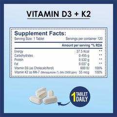 Brexhealth Vitamin D3 600 Iu + Vitamin K2 As Mk7 Supplement , For Stronger Bone Health , Supports Heart Health For Men & Women | 120 Tablets , 200gm 0.4lbs