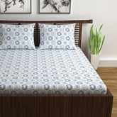 100% Pure Cotton Double Bedsheet For Queen With 2 Pillow Covers - 87 X 100 Inches, White & Blue | Soft & Durable For Everyday Use & Bedroom - All Season Comfort