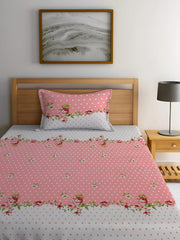 Floral Print Cotton 1 Single Bedsheet With 1 Pillow Cover - 60 X 90 Inches, Pink & White | Soft & Breathable Fabric, Skin-Friendly Bed Sheet For All Seasons