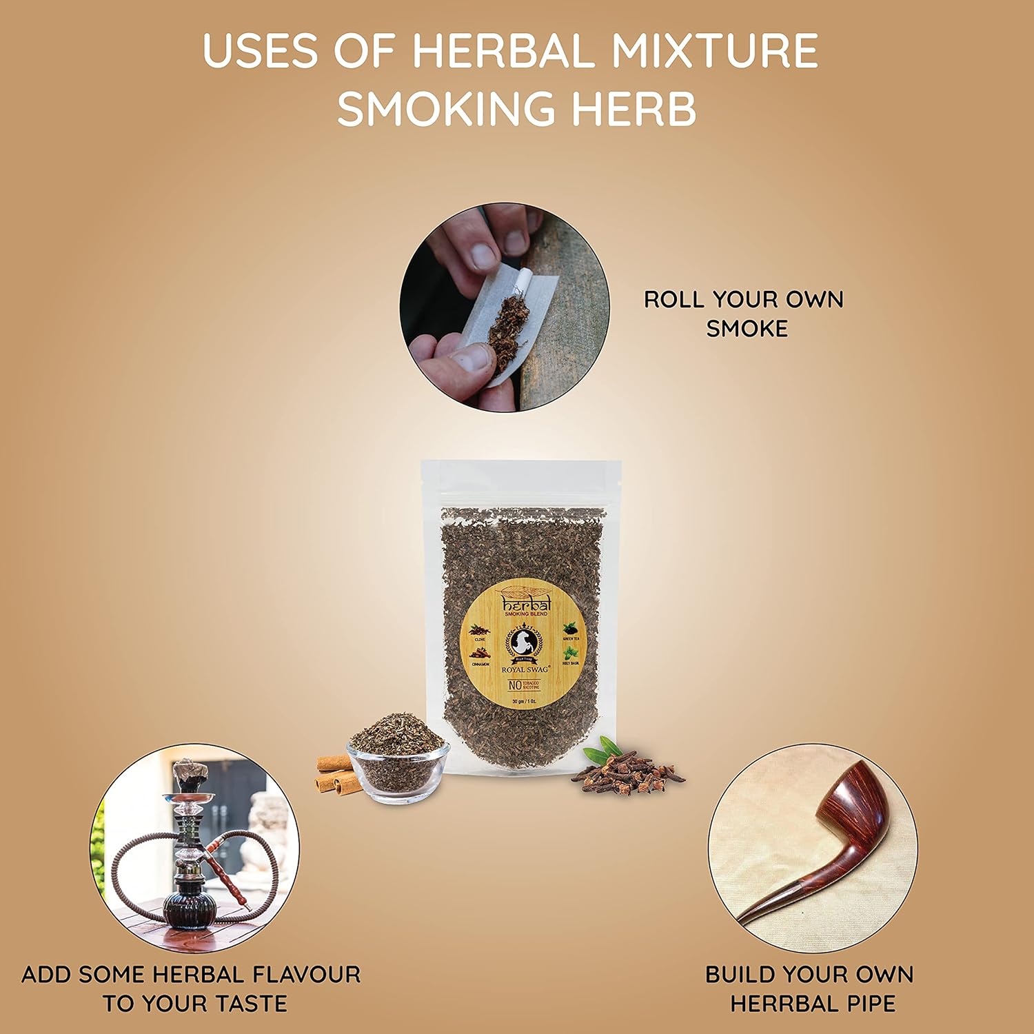 Royal Swag Tobacco & Nicotine Free Smoking Mixture Powder  Natural Herbal Smoking Blend 1 Pack (1 Oz/ 30g) With Wooden Pipe, Cardamom Royal Swag Tobacco & Nicotine Free Smoking Mixture Powder  Natural Herbal Smoking Blend 1 Pack (1 Oz/ 30g) With Wooden Pipe, Cardamom