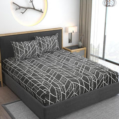 Premium Heavy Cotton Bedsheets Elastic Fitted Double Bedsheets With 2 Pillow Covers - 72 X 78 X 10 Inch, Black | Elastic Fitted King Size Bedsheet