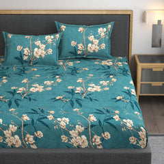 Premium Heavy Cotton Bedsheets All Around Elastic Fitted Bedsheets With 2 Pillow Covers - 78 X 72 X 10 Inches, Green Flower | Lightweight, Soft, & Comfortable