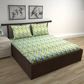 100% Pure Cotton Double Bedsheet For Queen With 2 Pillow Covers - 87 X 100 Inches, Yellow & Blue | Soft & Durable For Everyday Use & Bedroom - All Season Comfort