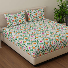 Double Bedsheet For King Size With 2 Pillow Covers - 108 X 108 Inches, Green & Yellow | Beautiful Print For Luxury Bedsheets