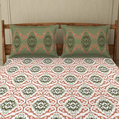 Printed Double Bedsheet For Queen With 2 Pillow Covers | Size 90 X 100 Inches, Light Orange & Green | Wonder Full Cotton Rich Double Bedsheet - Wrinkle Free & Soft Touch