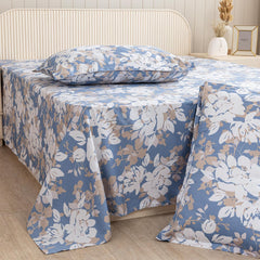 Cotton Flat Bedsheet With One Pillow Cover - 60 X 90 Inches, Blue & White | Perfect For Home Decor & Gifting | Soft Floral Bedsheet