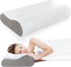 Memory Foam Pillow, Contour Cervical Orthopedic Pillow - White & Dark Grey | For Neck Pain & Shoulder Pain | Ergonomic Cervical Pillow, Neck Support Pillow For Back, Side, Adjustable Pillow