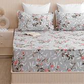 Cotton Bedsheets For Double Bed With 2 Pillow Covers - 90 X 100 Inches, Grey & Peach | Luxurious Printed Bed Sheets | Comfort Fabric Home