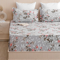 Cotton Bedsheets For Double Bed With 2 Pillow Covers - 90 X 100 Inches, Grey & Peach | Luxurious Printed Bed Sheets | Comfort Fabric Home