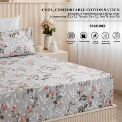 Double Size Elastic Fitted Bedsheet For Queen With 2 Pillow Covers - (78 X 72 Inches, Grey & Peach) | Wrinkle Free Bed Sheets | Perfect For Home Decor & Gifting