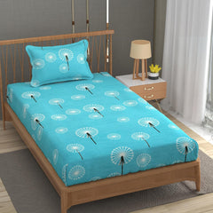 Soft Cotton Single Size Bedsheet With 1 Pillow Cover | 60 X 90 Inches, Sky Blue | Anti-Fade Printed Design | 200 Thread Count