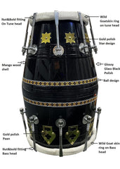 Professional Dholak With Glassy Black Finish Multi Feature Bag - Yellow Brown | Both Side Nut & Bold Fitting - Multi Feature Bag, Blat & Spinner