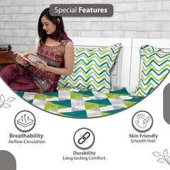 Single Bedsheet With 1 Pillow Cover - 57 X 87 Inches, White & Aqua | Designer Printed Bedsheet Set - Naturally Soft, Breathable & Skin Friendly