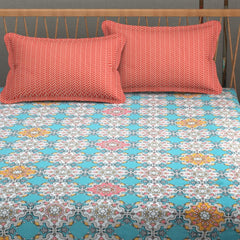 Bedsheet For Queen Size Bed With 2 Pillow Covers - 90 X 100 Inches, Sky Blue & Pink | Soft, Breathable, Wrinkle Free & Fade Resistant