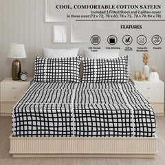 Elastic Fitted Bedsheet For Queen Size With 2 Pillow Covers - (78 X 60 Inches, Black & White) | Wrinkle Free Bed Sheets | Perfect For Home Decor & Gifting