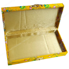 Decorative & Attractive Box Cash Box, Shagun Box, Jewellery Box, Money Box Envelop Wedding, Gift Box, Bangel Box With Cow Lotus Embroidery Design, Colour - Yellow