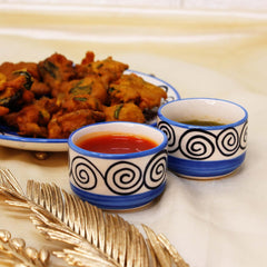 Blue Swirl Small Ceramic Dip Bowls Set - 4 Pieces, 50ml Each | Hand Painted Mini Chutney Bowls - Pickle Small Katoris For Serving Sauce