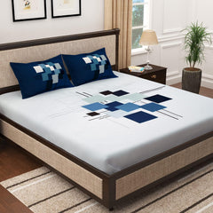 Bedsheet For King Size Bed With 2 Pillow Covers - 106 X 106 Inches, White & Blue | Soft & Durable For Everyday Use - All Season Comfort
