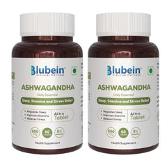 Blubein Ashwagandha Natural Stress Reliever, Enhances Physical Performance 500mg With 5% Withanolides, For Stress Relief & Anxiety Reduction | 60 Tablets 100gm 0.2lbs Each Pack Of 2