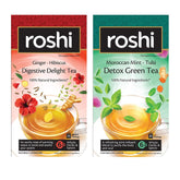 Roshi Ginger Hibiscus Digestive Delight Tea + Moroccan Mint Tulsi Detox Green Tea Combo - Pack Of 2 X 25 Tea Bags | 100% Natural Ingredients - After Meal Digestion Tea