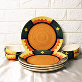 Boho Fiesta Hand Painted Ceramic Dinner Set - 8 Pieces, Multicolor | 4 Dinner Plates + 4 Katori Serving Bowls, 180ml Each Dinnerware Set | Serving For 4, Microwave Safe & Dishwasher Safe