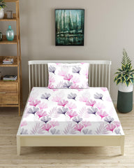 Printed Single Size Bedsheet Elasticated Fitted With 1 Pillow Cover - 30 X 72 Inch, White & Pink | 180 Thread Count - Lightweight & Breathable Bedsheet