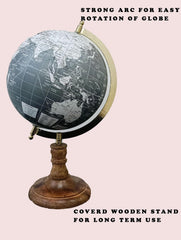 Rotating World Globe 8 Inch With Gold Arc & Wooden Stand For Show Piece For Home, Office, Study Table Decor, Birthday, Party Gifts For Students, White & Grey, Pack Of 1