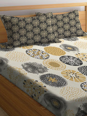 Elastic Fitted Printed King Size Double Bed Bedsheet With 2 Pillow Covers | 72 X 78 X 10 Inches, Beige & Black | Super Soft Premium Brushed Glace Cotton Material