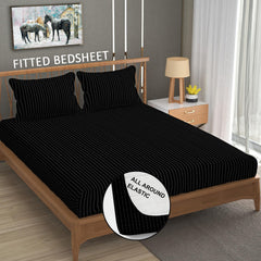 Cotton Elastic Fitted King Size Double Bed Bedsheet With 2 Pillow Covers - 72x78x6 Inches, Black | Durable Bedsheets For Everyday Comfort