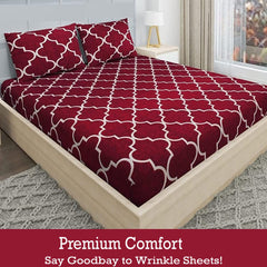 144 TC King Size Bedsheet With 2 Pillow Covers - 90 X 95 Inches | Maroon, Vector Design Bedsheet | Machine Washable & Wrinkle Resistant
