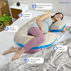 C Shaped Pregnancy Pillow For Maternity & Baby Nursing, Beige & Sky Blue | Full Body Support, Abdomen, Hip, Spine, Neck & Head Support Cushion | Premium Velvet Outer Cover With Zip, Comfy