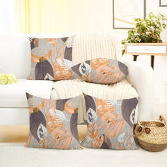 Microfiber Square Pillow Cushion For Sofa & Bed, Grey Color - 16 X 16 Inch | Printed - Brown Leaf, Soft, Comfortable Pillow, Back, Neck Support | Breathable, Removable Cover - Set Of 4