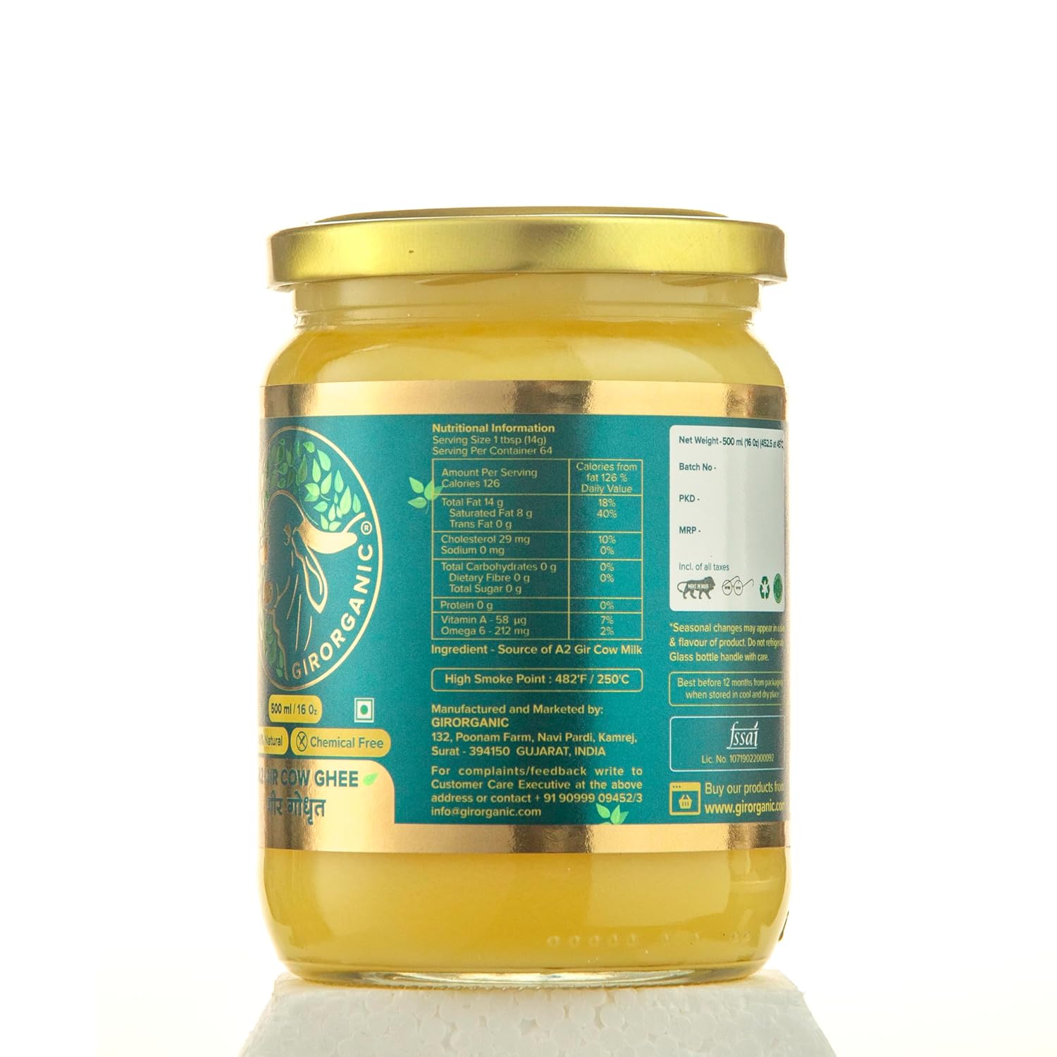 100% Pure A2 Gir Cow Ghee By Girorganic | Rich In Nutrients Healthy & Protein Fiber Pure Desi Ghee Perfect For Glowing Skin | (500ml) 16.9 Ounce | Jar Pack 100% Pure A2 Gir Cow Ghee By Girorganic | Rich In Nutrients Healthy & Protein Fiber Pure Desi Ghee Perfect For Glowing Skin | (500ml) 16.9 Ounce | Jar Pack