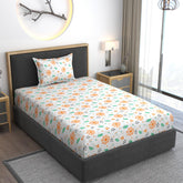 Premium Cotton Bedsheet Elastic Fitted With 1 Pillow Covers - 48 X 78Inches, Green Leaves | Single Mattress Bed With All Around Elastic 350 TC Super Soft