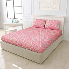Printed King Size Double Bedsheet With 2 Large Pillow Cover - Size 72 X 78 X 14 Inches, Pink | Cotton Elastic Fitted All Around Bedsheet - Breathable & Wrinkle Free