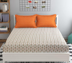 Double Bedsheet For King Size Bed With 2 Pillow Covers - 108 X 108 Inches, Beige & Mustard | Premium Comfort Bedsheets For Home, Hotels & Guest House