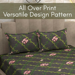 Bedsheet For Queen Size Bed With 2 Pillow Covers - 90 X 100 Inches, Dark Grey & Green | Soft, Breathable, Wrinkle Free & Fade Resistant