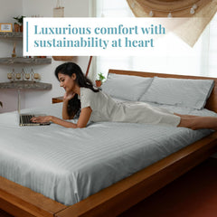 Stripe Cotton Fitted Queen Bedsheet With 2 Pillow Covers - 60x80 Inches, Grey | 12"Deep Pocket-1 Elastic Fitted-Sateen Weave Premium Bedding Set For Double Bed