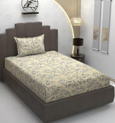 Cotton Elastic Fitted Bedsheets Single Bed With 1 Pillow Covers - 36x78x8 Inches, Cream | Coordinated Print Design Bedsheet | 210 Thread Count