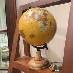 Antique Educational Rotating Geography Globe ( Yellow, World Map) With Metal Arc & Wood Round Stand For Gifting, Home Decor Office Table, Suitable For Kids & Student Learning, Pack Of 1