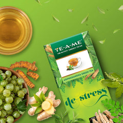 TE-A-ME Ashwagandha De-Stress Green Tea - 25 Tea Bags | Reduces Stress & Anxiety - Goodness Of 10 Natural Ingredients