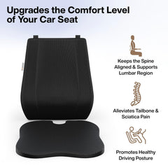 Memory Foam Car Back & Seat Cushion Combo Pack, For All Cars, Black | For Comfortable Driving & Daily Commute - Useful For Back Pain, Tailbone & Sciatica Pain Relief, Adjustable - Pack Of 1