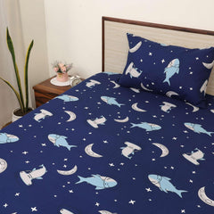 Microfiber Bed Sheet Kids Collection Soft & Cozy Bedding - Moonlit Sharks Pattern Bedsheet | Single Size – 68 X 90 Inch, Dark Blue Beautiful Moonlit Design