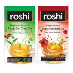 Roshi Lemongrass Cinnamon Simply Slim Green Tea + Ginger Hibiscus Digestive Delight Tea Combo - Pack Of 2 X 25 Tea Bags | 100% Natural Ingredients - Enhances Metabolism & Fitness
