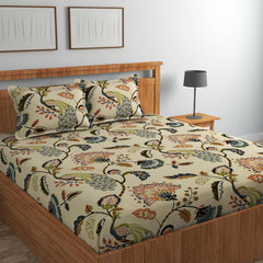 Printed Double Bedsheet With 2 Matching Pillow Covers - 72 X 78 X 10 Inches, Beige | All Around Elastic Fitted King Size Bedsheets | Ideal For Home, Hotel, Bedroom