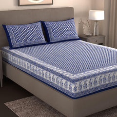 Handloom Printed Double Bedsheet For Queen Size With 2 Matching Pillow Cover | Size 90 X 100 Inches, Blue - Cotton Bedsheets For Double Bed | Soft & Smooth