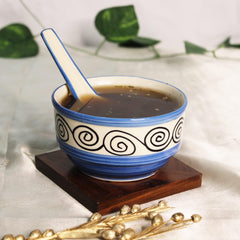 Blue Swirl Hand Painted Handled Ceramic Soup Bowls With Spoons Set Of 6 - 220ml Each | Serving Bowls With Matching Spoons | Ceramic Soup Cups - 6 Pieces, Microwave Safe & Dishwasher Safe